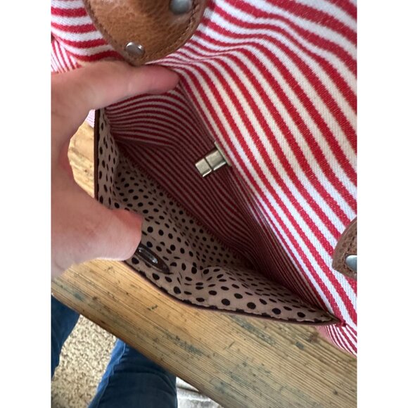 Linea Pelle Blue Womens Red White Purse Handbag tote bag striped pockets - Picture 3 of 9